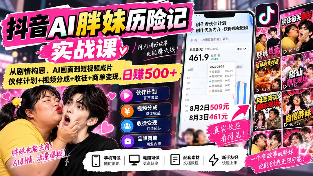 (20489期)抖音AI胖妹历险记实战课:从剧情构思、AI画面到短视频成片,伙伴计划+视频分成+收徒+商单变现,日赚500+ 20260916050157-6aaa22c55afb9.jpg