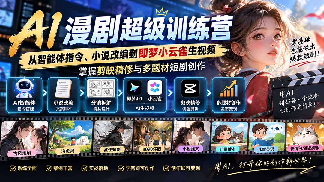 (20491期)AI漫剧超级特训营:从智能体指令、小说改编到即梦小云雀生视频,掌握剪映精修与多题材短剧创作 20260916050209-6aaa22d180373.jpg