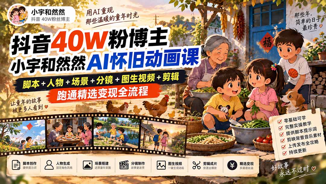 (20549期)抖音40W粉博主小宇和然然AI怀旧动画课|脚本+人物+场景+分镜+图生视频+剪辑,跑通精选变现全流程 20260919130100-6aae878c66488.jpg