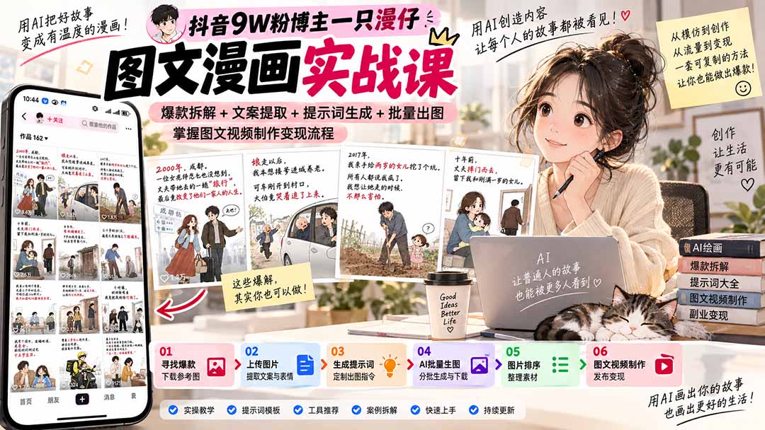 (20584期)抖音9W粉博主一只漫仔图文漫画课:爆款拆解+文案提取+提示词生成+批量出图,掌握图文视频制作变现流程 20260922030036-6ab1ef543cd8c.jpg