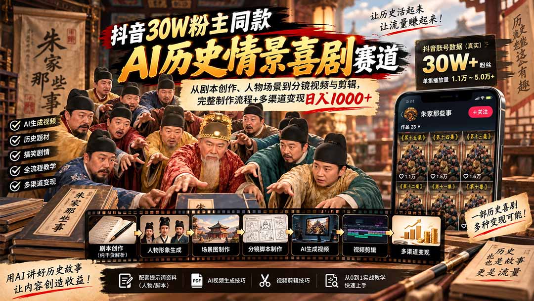 (20613期)抖音30W粉博主同款AI历史情景喜剧赛道:从剧本创作、人物场景到分镜视频与剪辑,完整制作流程+多渠道变现日入1000+ 20260923090048-6ab395407cc2b.jpg