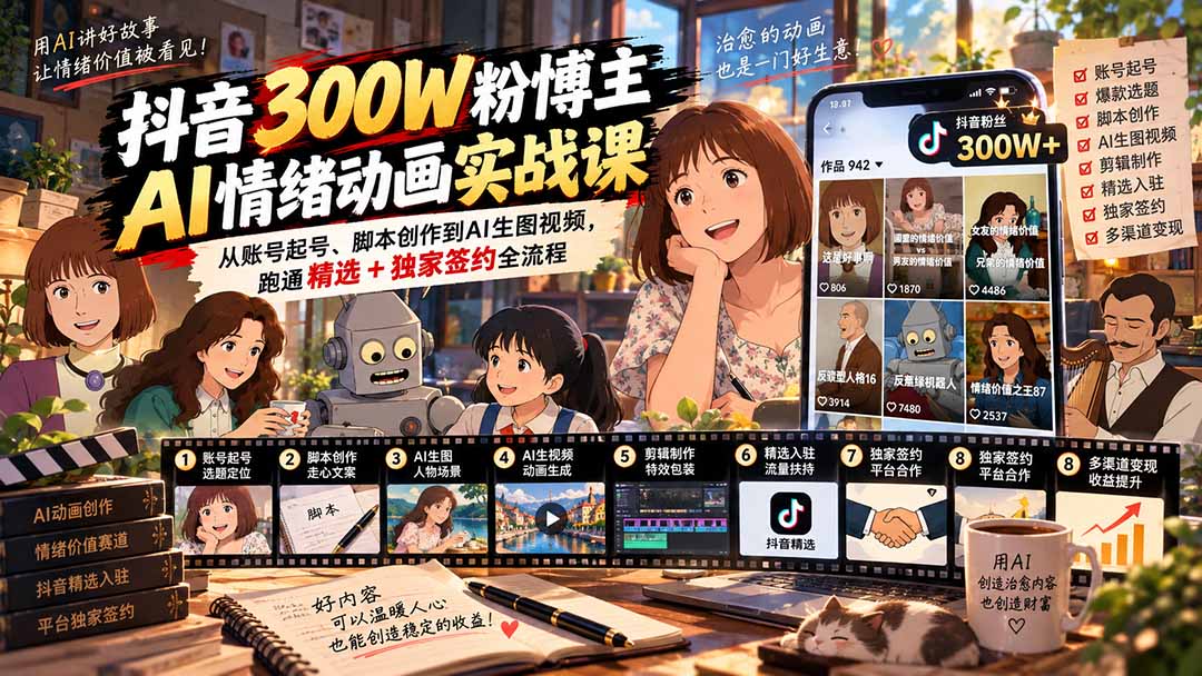 (20616期)抖音300W粉博主AI情绪动画实战课:从账号起号、脚本创作到AI生图视频,跑通精选+独家签约全流程 20260923170045-6ab405bd3f9f1.jpg