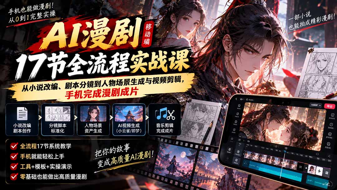 (20624期)AI漫剧移动端17节全流程实战课:从小说改编、剧本分镜到人物场景生成与视频剪辑,手机完成漫剧成片 20260924030059-6ab4926b526a3.jpg