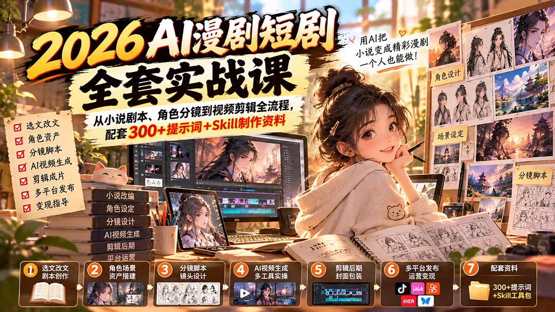 (20629期)2026AI漫剧短剧全套实战课:从小说剧本、角色分镜到视频剪辑全流程,配套300+提示词+Skill制作资料 20260924050200-6ab4aec8cb591.jpg