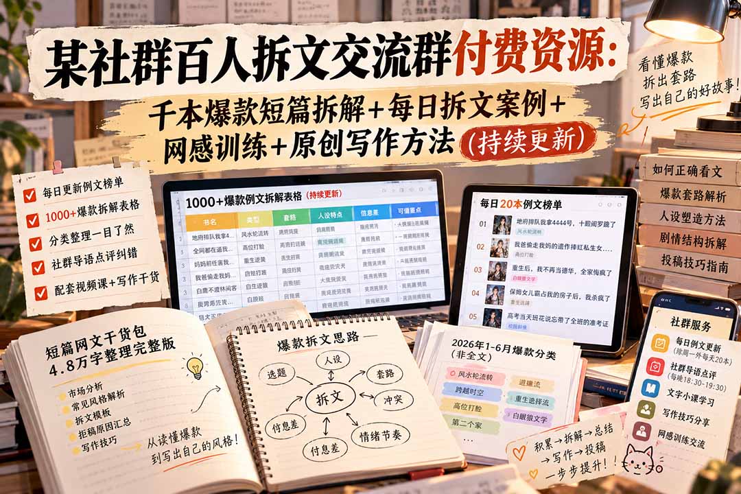 (20635期)某社群百人拆文交流群付费资源:千本爆款短篇拆解+每日拆文案例+网感训练+原创写作方法 (持续更新) 20260924070123-6ab4cac352561.jpg