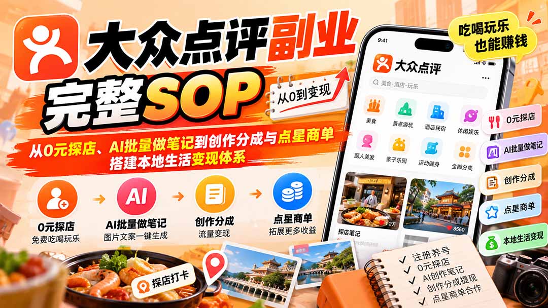 (20638期)【无水印】大众点评副业完整SOP:从0元探店、AI批量做笔记到创作分成与点星商单,搭建本地生活变现体系 20260924130059-6ab51f0b24235.jpg