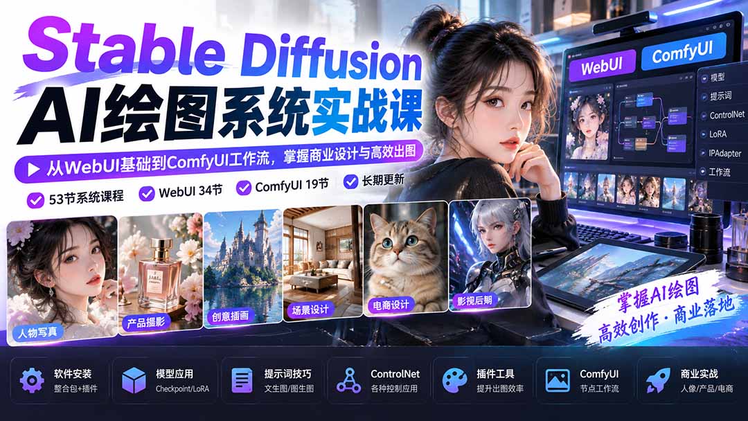 (20678期)Stable Diffusion AI绘图系统实战课:从WebUI基础到ComfyUI工作流,掌握商业设计与高效出图 20260927070136-6ab8bf50284cb.jpg