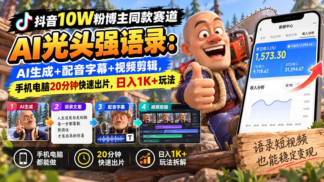 (20687期)【无水印】抖音10W粉博主同款赛道AI光头强语录:AI生成+配音字幕+视频剪辑,手机电脑20分钟快速出片,日入1K+玩法 20260927150104-6ab92fb05eec3.jpg