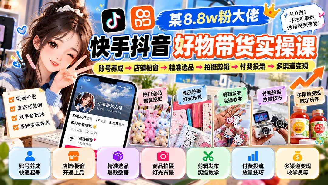 (20733期)某8.8w粉大佬快手抖音好物带货实操课:账号养成→店铺橱窗→精准选品→拍摄剪辑→付费投流→多渠道变现 20260930070212-6abcb3f4c1556.jpg