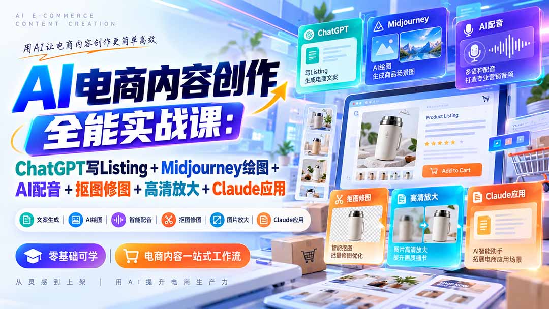 (20770期)【无水印】AI电商内容创作全能实战课:ChatGPT写Listing+Midjourney绘图+AI配音+抠图修图+高清放大+Claude应用 20261002070135-6abf56cf0323a.jpg