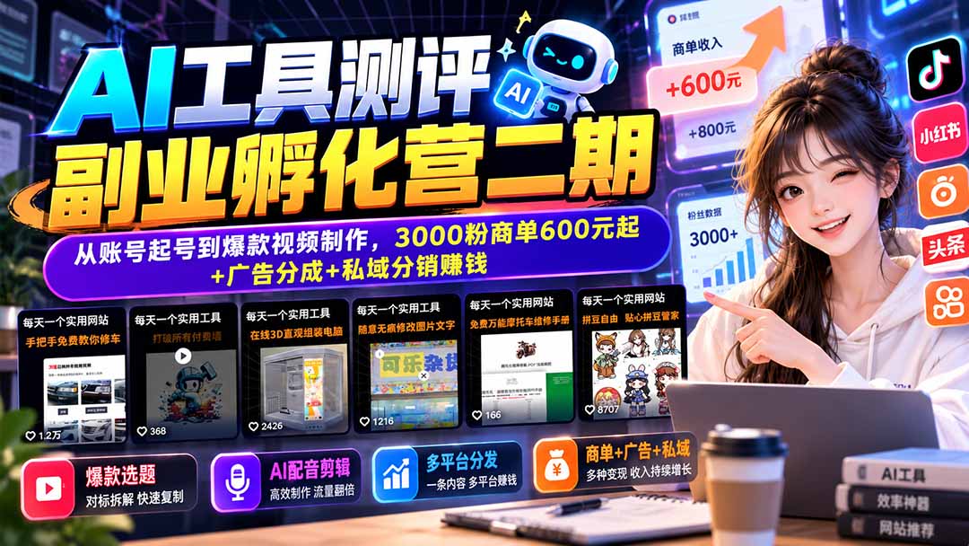 (20799期)AI工具测评副业孵化营二期:从账号起号到爆款视频制作,3000粉商单600元起+广告分成+私域分销赚钱 20261004030157-6ac1c1a542174.jpg