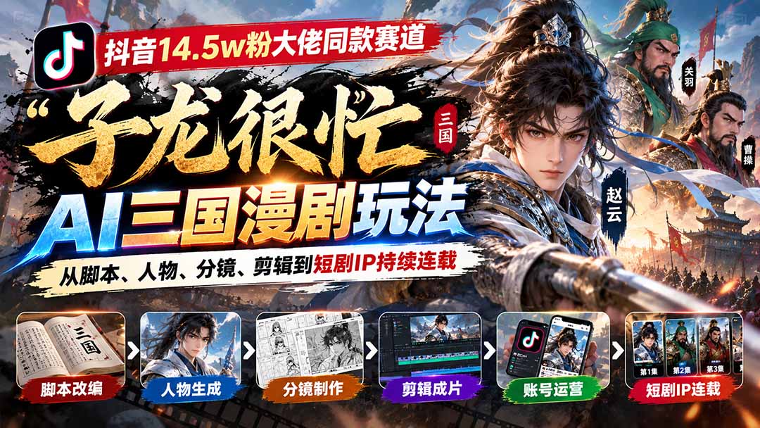 (20818期)抖音14.5w粉大佬同款赛道「子龙很忙」AI三国漫剧玩法:从脚本、人物、分镜、剪辑到短剧IP持续连载 20261005050151-6ac32f3f782f8.jpg