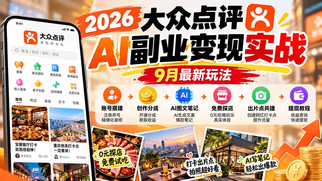(20873期)2026大众点评AI副业变现实战9月最新玩法:账号搭建+创作分成+AI图文笔记+免费探店+出片点共建与提现教程 20261009110105-6ac8c971019d5.jpg