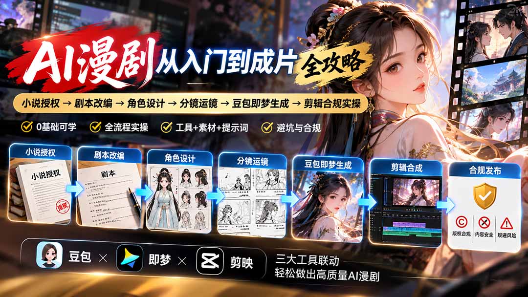 (20877期)AI漫剧从入门到成片全攻略:小说授权→剧本改编→角色设计→分镜运镜→豆包即梦生成→剪辑合规实操 20261009130037-6ac8e575d35a0.jpg