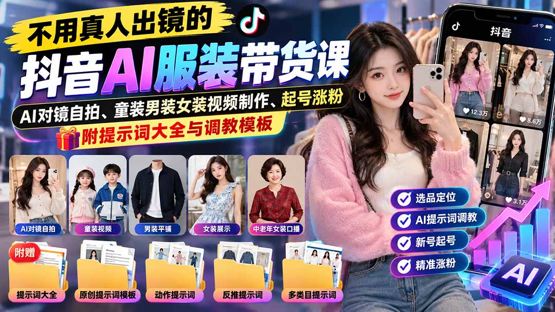 (20960期)不用真人出镜的抖音AI服装带货课:AI对镜自拍、童装男装女装视频制作、起号涨粉,附提示词大全与调教模板 20261014070042-6acf289a2f0bf.jpg