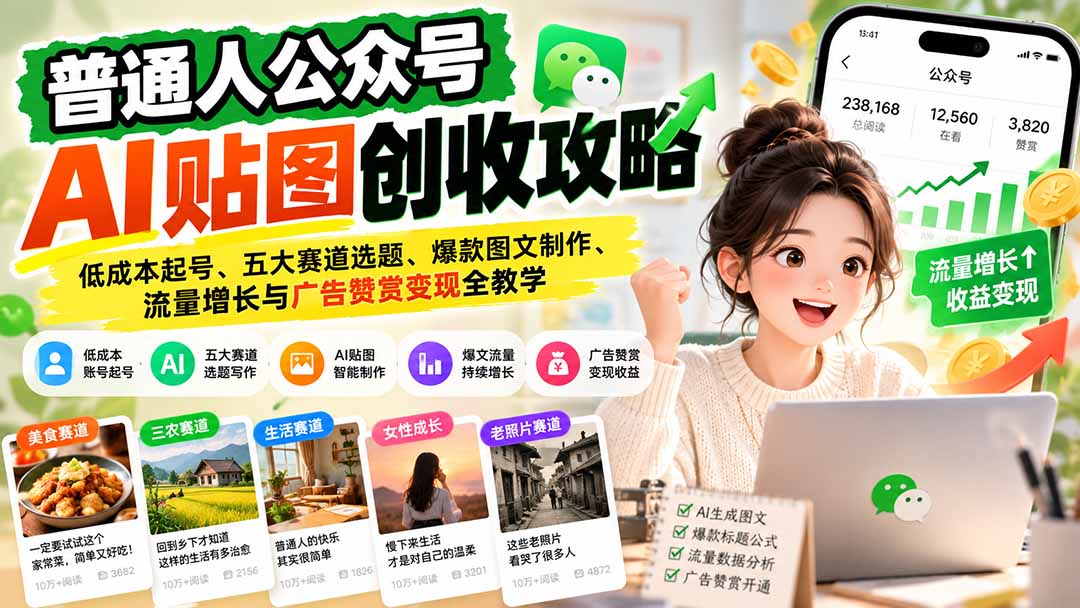 (20972期)普通人公众号AI贴图创收攻略:低成本起号、五大赛道选题、爆款图文制作、流量增长与广告赞赏变现全教学 20261015050110-6ad05e168266d.jpg