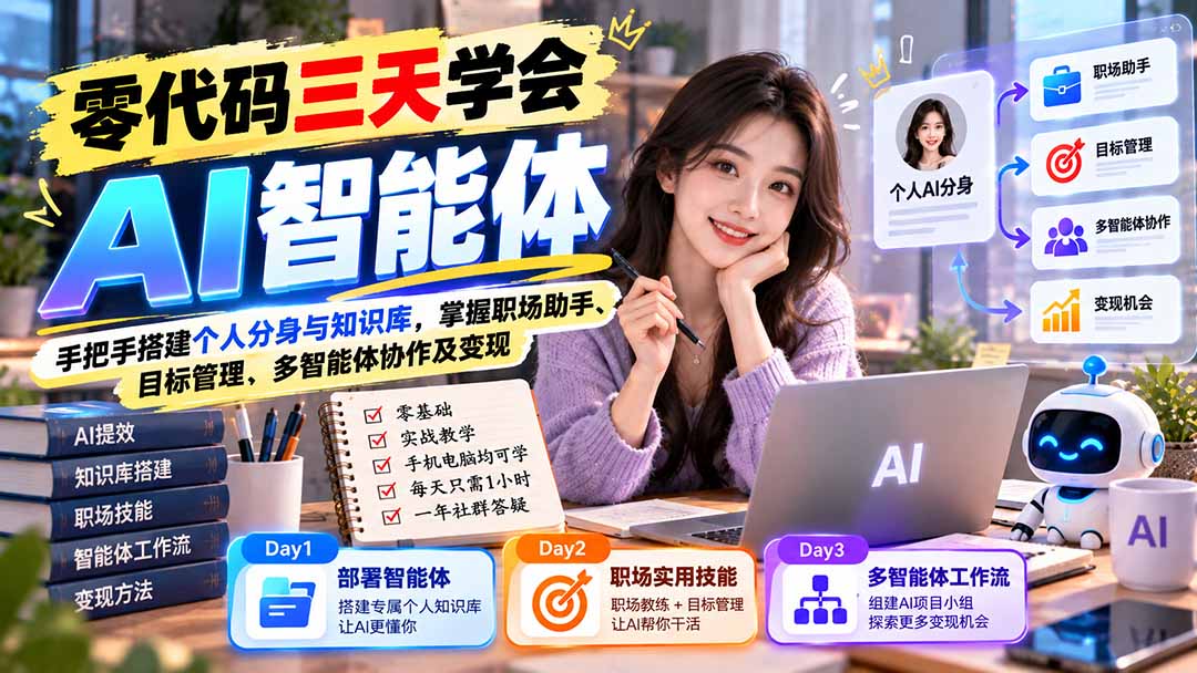 (20978期)【无水印】零代码三天学会AI智能体:手把手搭建个人分身与知识库,掌握职场助手、目标管理、多智能体协作及变现 20261015070149-6ad07a5d40cbc.jpg