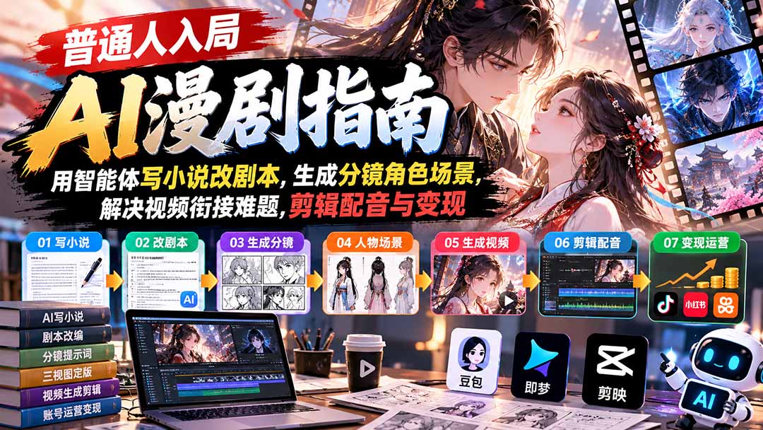 (21033期)【无水印】普通人入局AI漫剧指南:用智能体写小说改剧本,生成分镜角色场景,解决视频衔接难题,剪辑配音与变现 20261018130100-6ad4c30c67edf.jpg