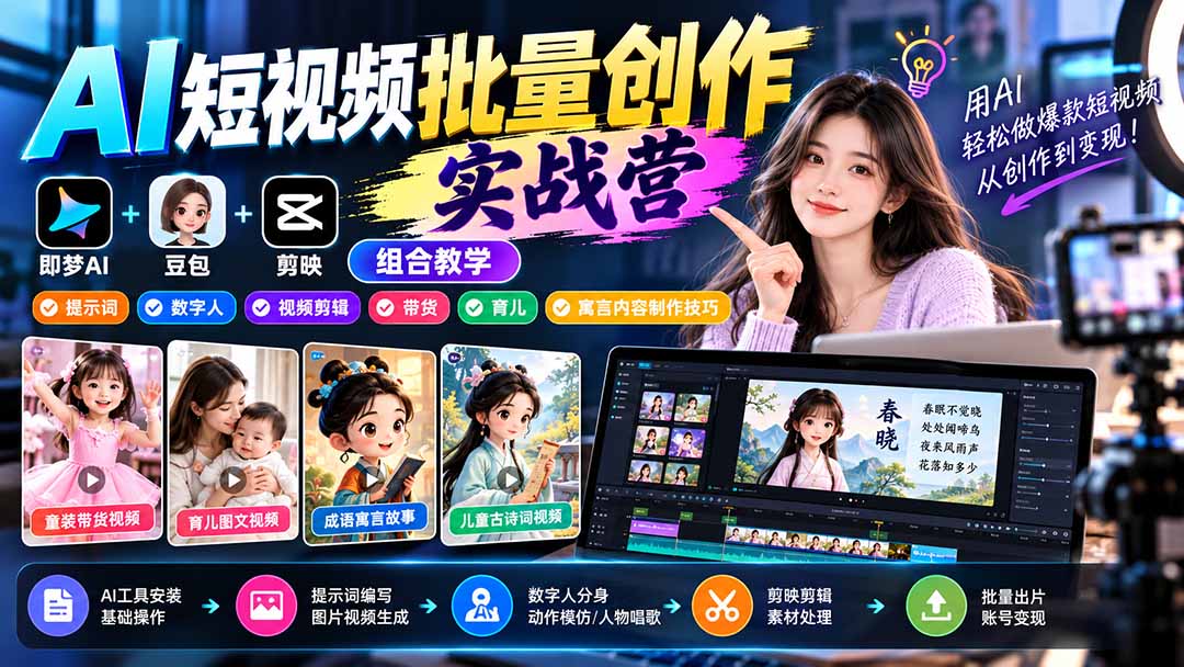 (21039期)【无水印】AI短视频批量创作实战营:即梦+豆包+剪映组合教学,提示词/数字人/视频剪辑/带货/育儿/寓言内容制作技巧 20261019050216-6ad5a458052a6.jpg