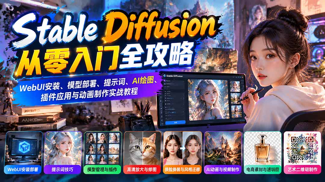 (21062期)Stable Diffusion从零入门全攻略:WebUI安装、模型部署、提示词、AI绘图、插件应用与动画制作实战教程 20261020050107-6ad6f5932ceb7.jpg