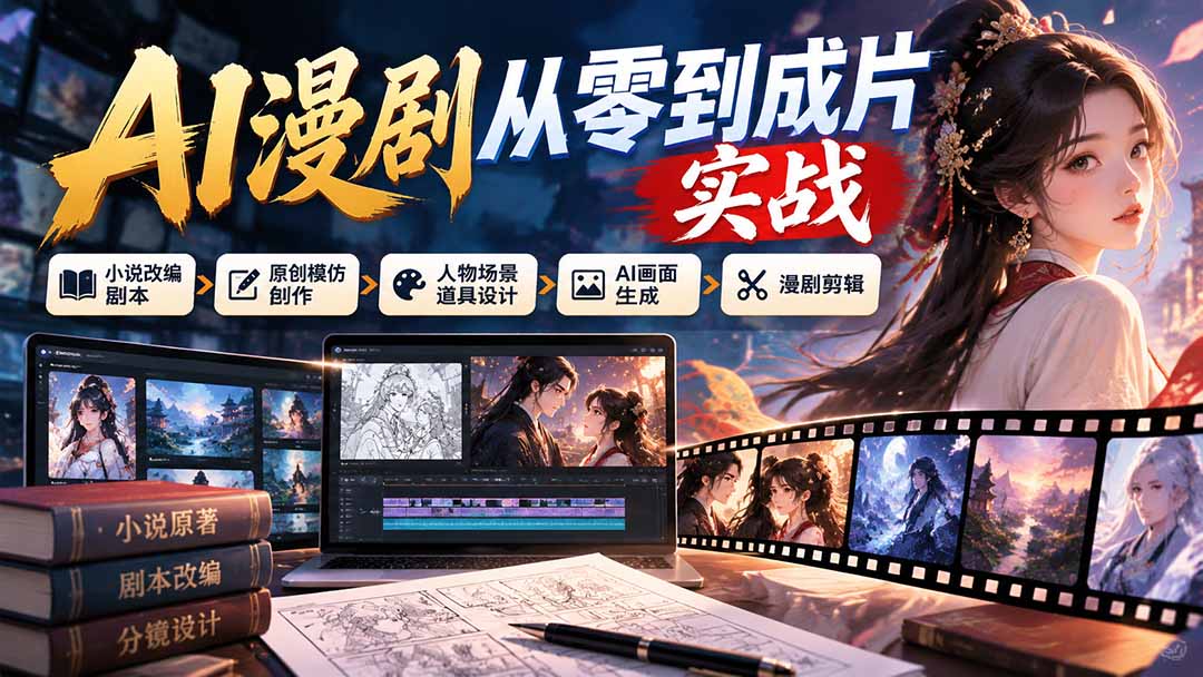 (21069期)AI漫剧从零到成片实战:小说改编剧本、原创模仿创作、人物场景道具设计、AI画面生成与漫剧剪辑 20261020130041-6ad765f930e43.jpg