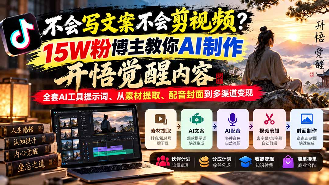 (21085期)不会写文案不会剪视频?15W粉博主教你AI制作开悟觉醒内容,全套AI工具提示词、从素材提取、配音封面到多渠道变现 20261021050232-6ad847689f14f.jpg