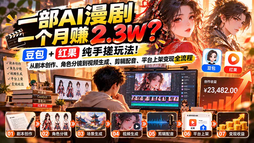 (21089期)一部AI漫剧一个月赚2.3W?豆包+红果纯手搓玩法!从剧本创作、角色分镜到视频生成、剪辑配音、平台上架变现全流程 20261021090104-6ad87f50c82a9.jpg