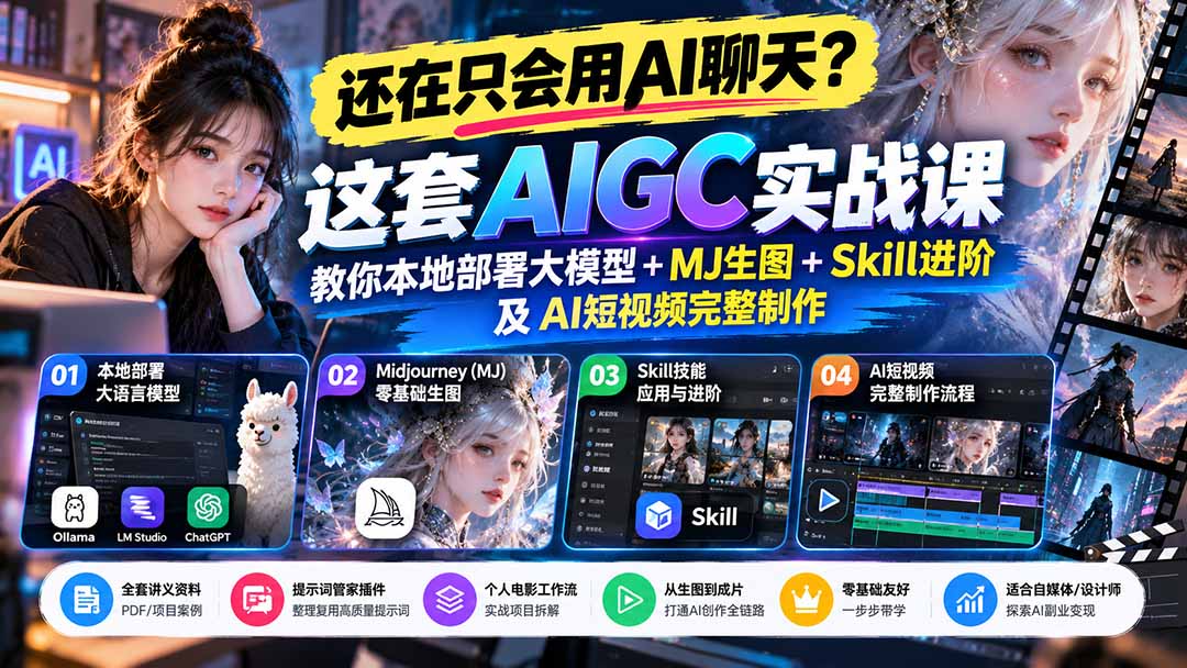 (21135期)【无水印】还在只会用AI聊天?这套AIGC实战课教你本地部署大模型+MJ生图+Skill进阶及AI短视频完整制作 20261024050238-6adc3bee8e51d.jpg