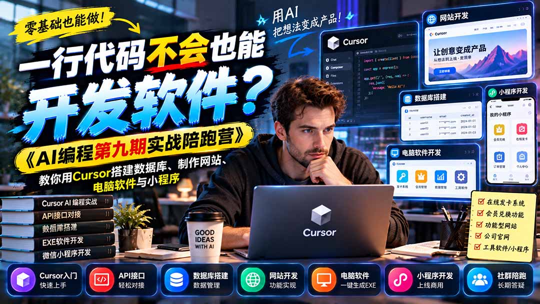 (21146期)一行代码不会也能开发软件?《AI编程第九期实战陪跑营》教你用Cursor搭建数据库、制作网站、电脑软件与小程序 20261024130102-6adcac0e116cb.jpg