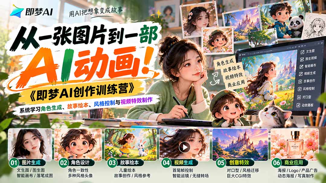 (21160期)【无水印】从一张图片到一部AI动画!《即梦AI创作训练营》系统学习角色生成、故事绘本、风格控制与视频特效制作 20261026050145-6adedeb963b63.jpg