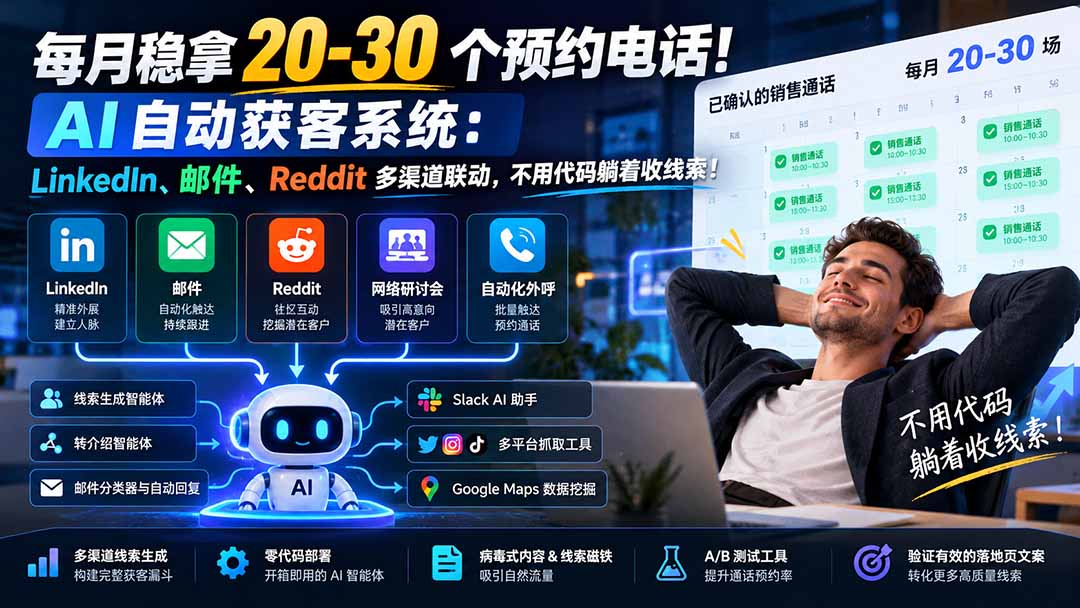 (21164期)每月稳拿 20-30 个预约电话!AI 自动获客系统:LinkedIn、邮件、Reddit 多渠道联动,不用代码躺着收线索! 20261026050242-6adedef2ded02.jpg