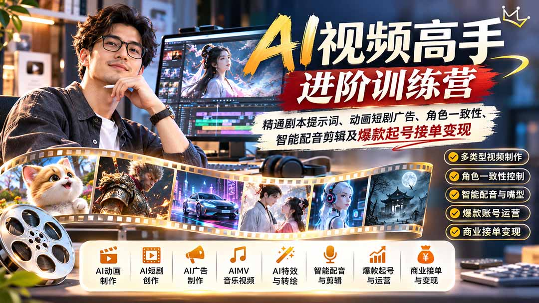 (21174期)AI视频高手进阶训练营:精通剧本提示词、动画短剧广告、角色一致性、智能配音剪辑及爆款起号接单变现 20261027030145-6ae014191c4aa.jpg
