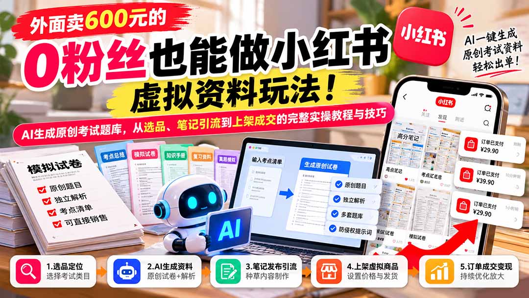 (21181期)外面卖600元的 零粉丝也能做小红书虚拟资料玩法!AI生成原创考试题库,从选品、笔记引流到上架成交的完整实操教程 20261027050134-6ae0302e4e4fd.jpg