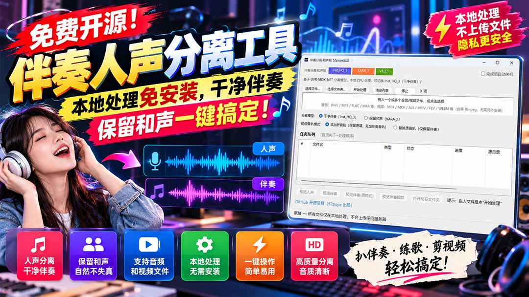 (21196期)免费开源!伴奏人声分离工具,本地处理免安装,干净伴奏,保留和声一键搞定! 20261028030332-6ae166046f0f2.jpg