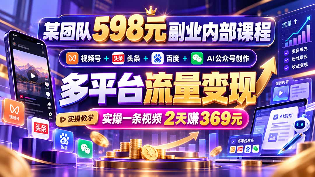 (21238期)某团队598元副业内部课程:视频号+头条+百度+AI公众号创作、多平台流量变现,实操一条视频2天赚369元 20261029070214-6ae2ef763ba50.jpg