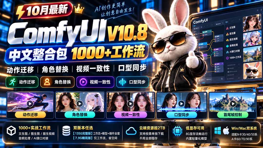 (21240期)10月最新ComfyUI V10.8中文整合包 1000+工作流 动作迁移 角色替换 视频一致性 口型同步 低显存可用 20261029070256-6ae2efa03336d.jpg