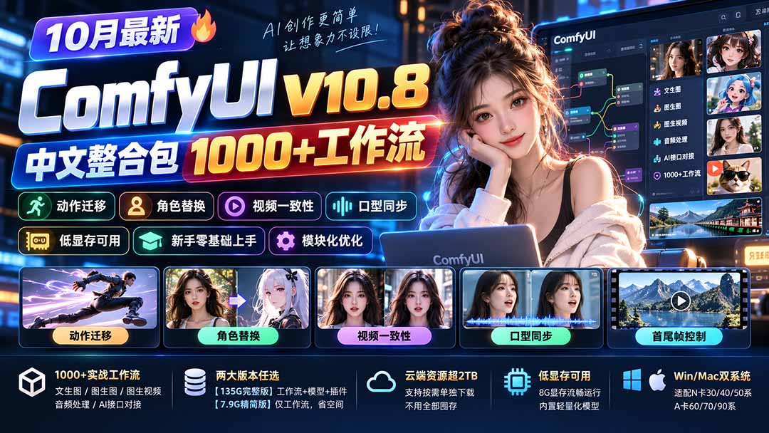 (21240期)10月最新ComfyUI V10.8中文整合包 1000+工作流 动作迁移 角色替换 视频一致性 口型同步 低显存可用 20261029070256-6ae2efa086baf.jpg