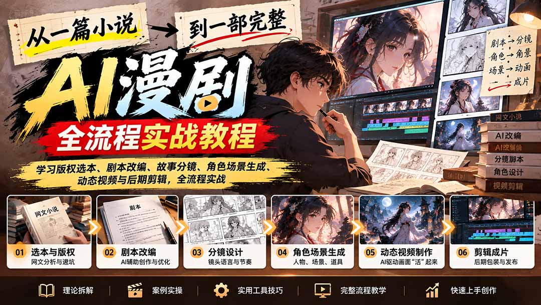 (21262期)从一篇小说到一部完整AI漫剧:学习版权选本、剧本改编、故事分镜、角色场景生成、动态视频与后期剪辑 20261031030141-6ae55a15503a6.jpg
