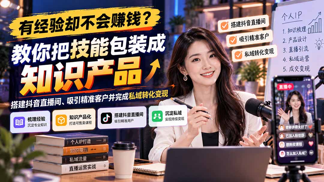 (21268期)有经验却不会赚钱?教你把技能包装成知识产品,搭建抖音直播间、吸引精准客户并完成私域转化变现 20261031050134-6ae5762e868cb.jpg