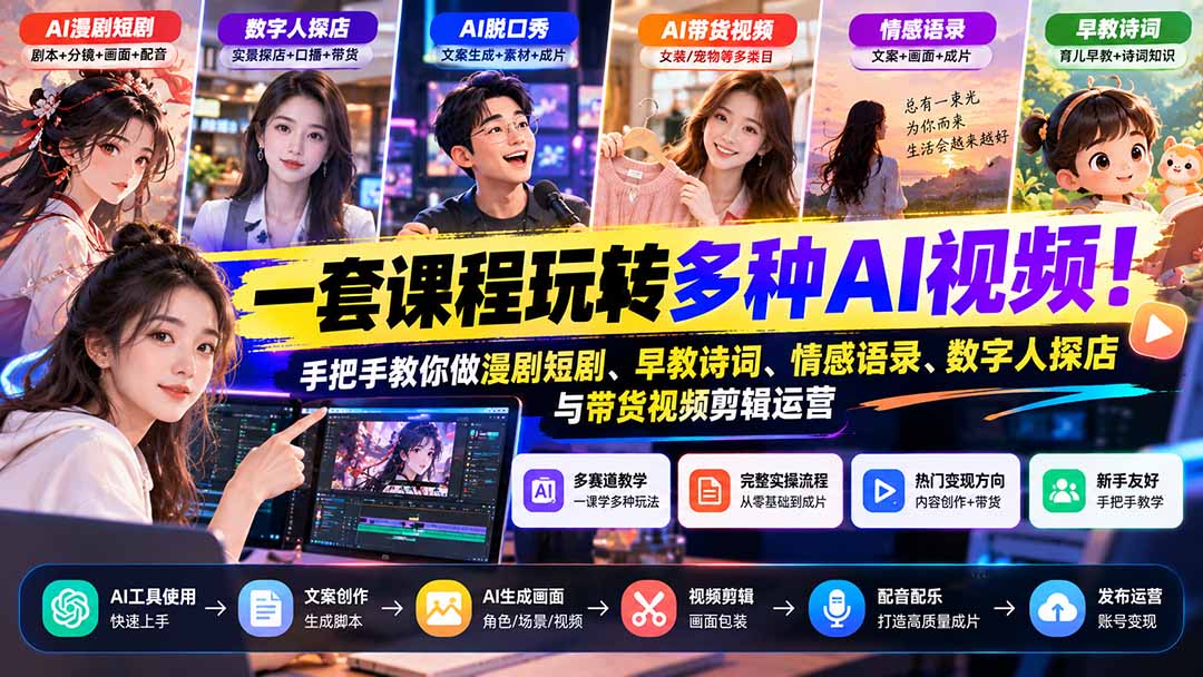(21271期)【无水印】一套课程玩转多种AI视频!手把手教你做漫剧短剧、早教诗词、情感语录、数字人探店与带货视频剪辑运营 20261031050216-6ae57658ce5bd.jpg