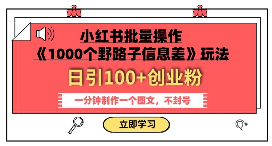 mp4554期-小红书批量操作《1000个野路子信息差》玩法，一分钟制作一个图文，不封号，日引100+创业粉(《1000个野路子信息差》小红书批量操作指南)