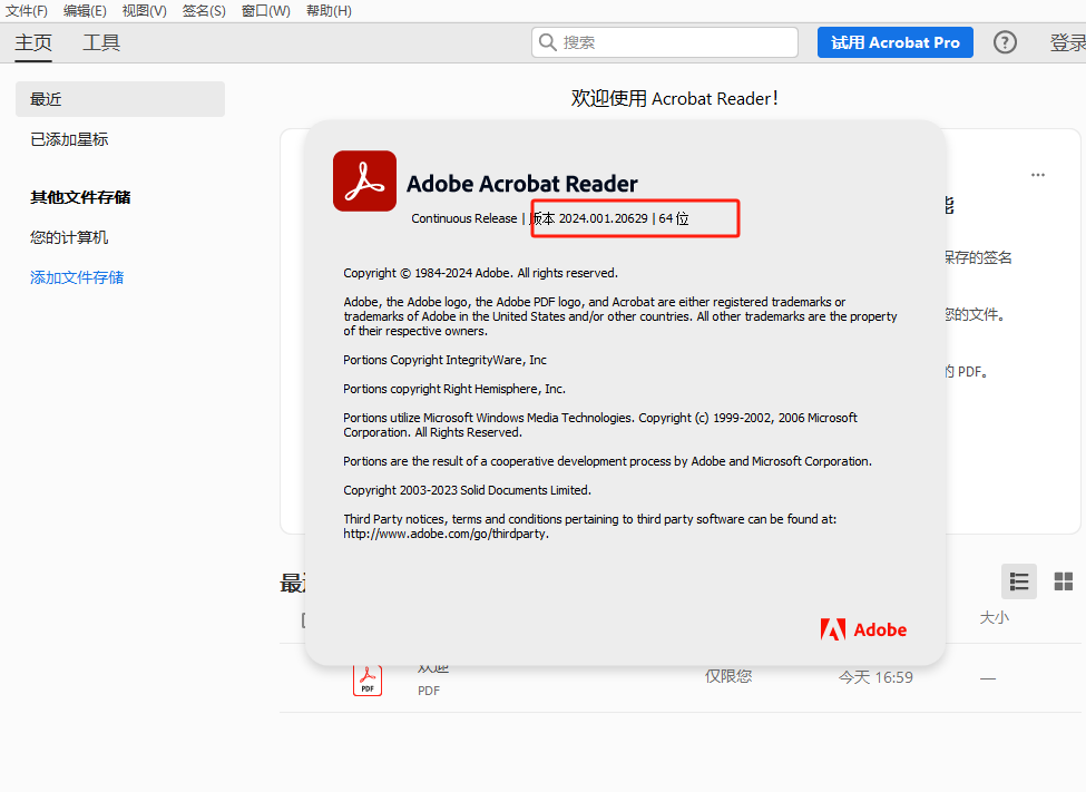 Adobe Acrobat Reader DC v24.001.20629 官方版 (PDF阅读器)