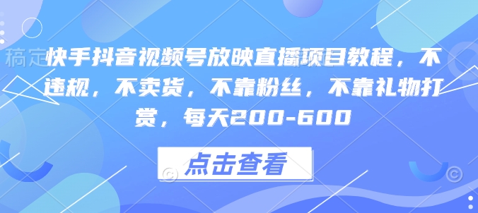 mp14317期-快手抖音视频号放映直播项目教程，不违规，不卖货，不靠粉丝，不靠礼物打赏，每天200-600