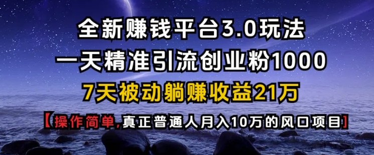 mp14389期-全新赚钱平台3.0玩法一天精准引流创业粉1000.7天被动躺Z收益21W【仅揭秘】