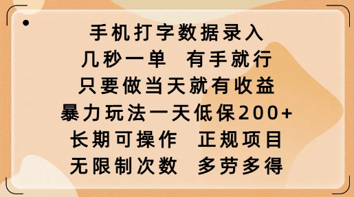 mp16530期-手机打字数据录入，几秒一单，有手就行，只要做当天就有收益，暴力玩法一天低保2张
