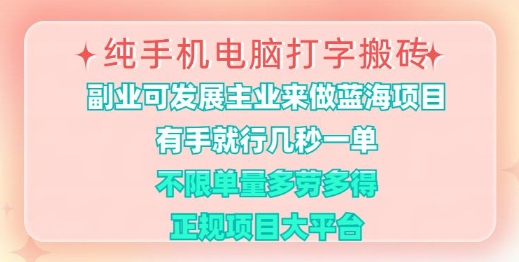 mp17876期-纯手机电脑打字搬砖，有手就行，几秒一单，多劳多得，正规项目大平台