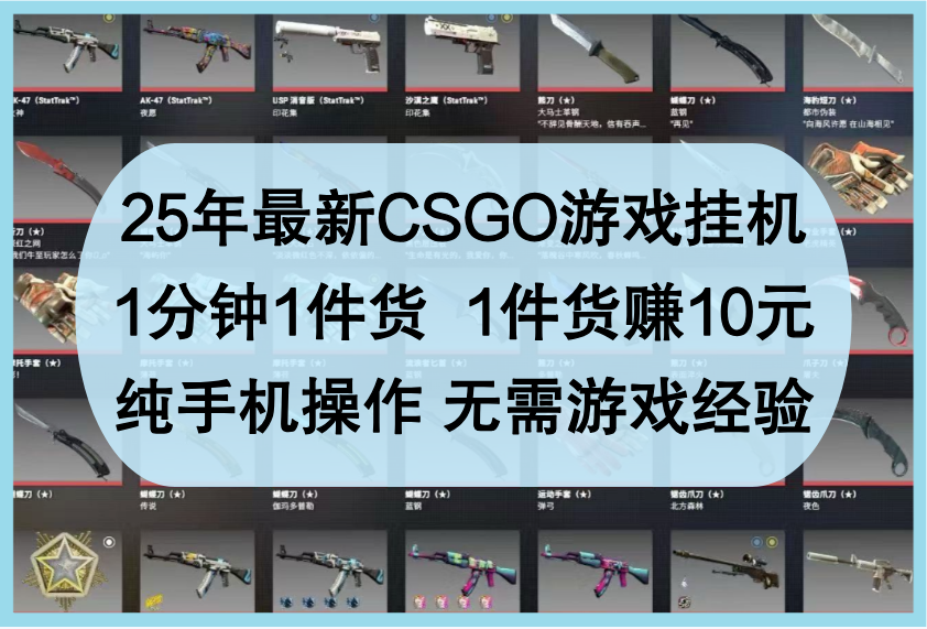 fy13009期-25年最新CSGO游戏挂机，1分钟1件货，1件货赚10元，纯手机操作，无需游戏经验