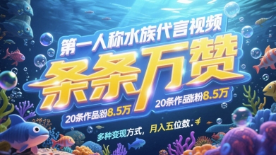 第一人称水族代言视频条条万赞20条作品涨粉7.8W多种变现方式月入五位数-AIGC资源中心