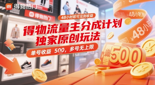mp23487期-得物流量主分成计划独家原创玩法，48小时即可见到收益，单号收益5张，多号无上限