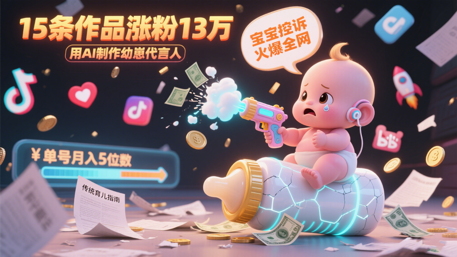 fy14802期-用AI制作幼崽代言人，宝宝的控诉火爆全网，15条作品涨粉13万，单号月入5位数实操教程